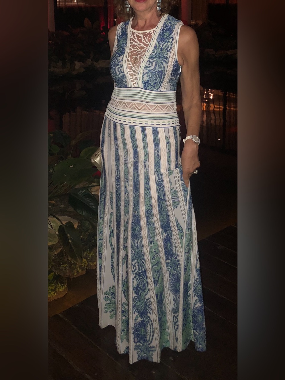 Roberto Cavalli White Maxi Dress with Blue & Green Floral Stripes